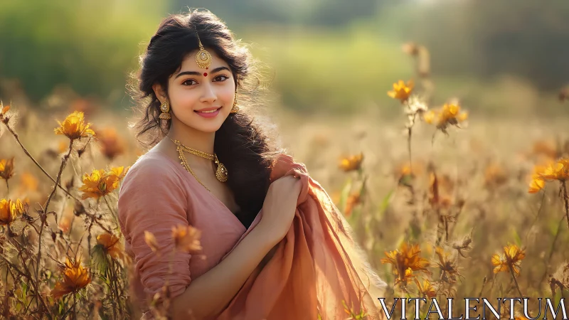 Elegant woman in traditional attire amid golden wildflowers, soft focus.