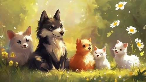 Woodland Friends in Sunlit Meadow with Daisies.