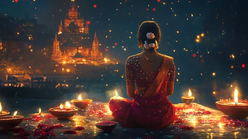 Woman in sari meditates before illuminated riverside temple