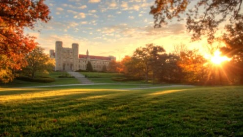 Sunlit collegiate lawn frames stone hall at autumn sunrise