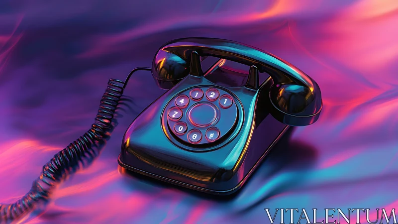 Retro rotary phone under neon iridescent lighting glow.