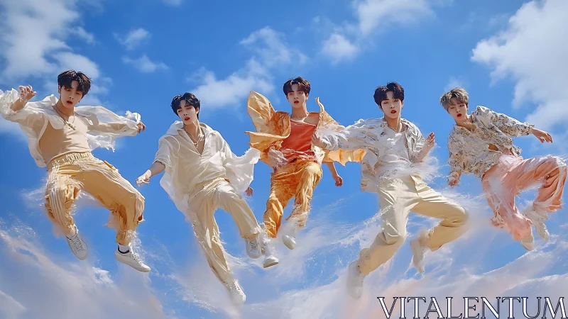 Five stylish young men leaping midair against blue sky.