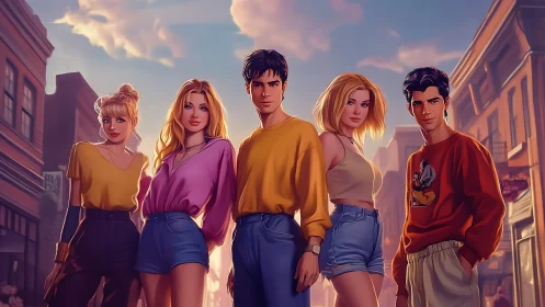 Stylized group of five young adults in city street scene.