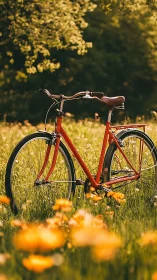 Vintage Red Bicycle in a Blooming Yellow Wildflower Meadow