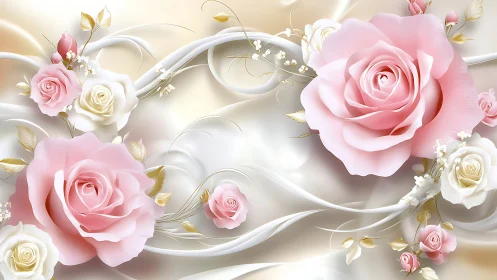 Pink and Cream Roses Flowing with Elegant White Ribbons and Gold Accents
