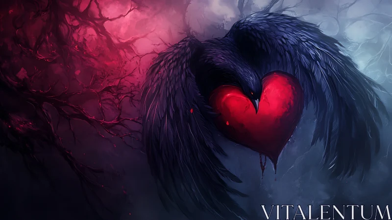 Glowing red heart form engulfed by dark winged entity