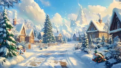 Snowy mountain village street with cozy wooden cabins.