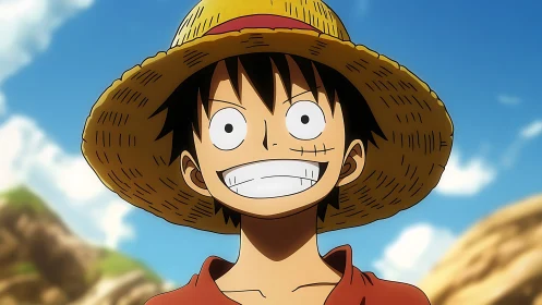 Smiling straw-hatted anime boy stands under bright blue sky