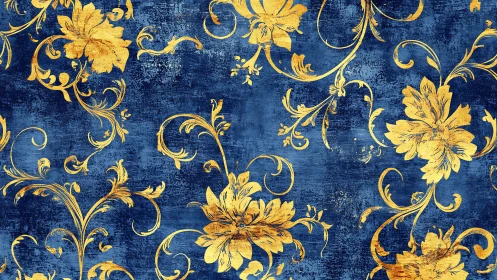 Gold baroque floral vines over textured navy background.