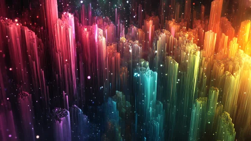 Glowing rainbow crystal city rising in a dreamy nightscape.