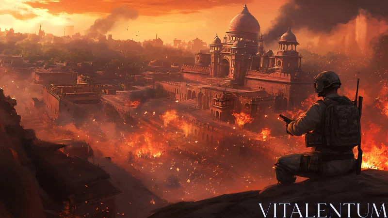 Soldier overlooks burning city under apocalyptic sunset.
