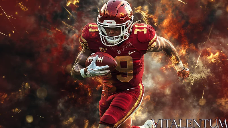 American football runner in red uniform amid fiery smoke.