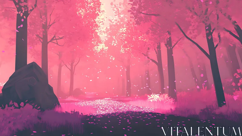 Enchanted Pink Forest Path with Glowing Light.