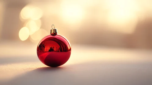 Red glass bauble rests on snow under warm sunset bokeh