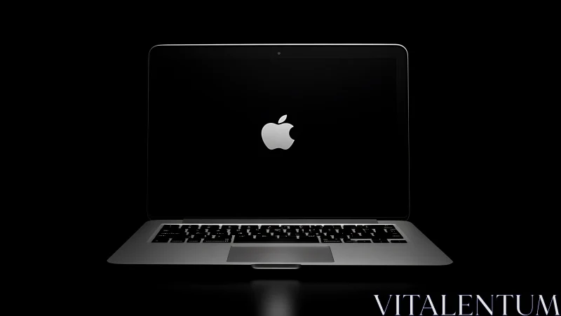 Minimalist laptop product render with central luminous logo.