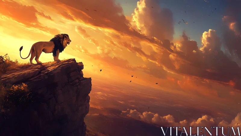 Lion stands on rocky cliff against low-angle sunset sky