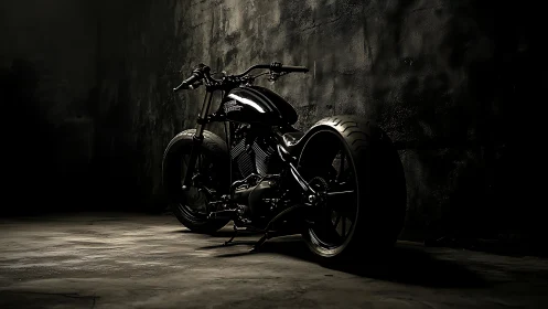 Low-key lit custom V-twin motorcycle in industrial concrete bay