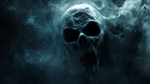 Skull shaped wraith emerging from swirling blue smoke.