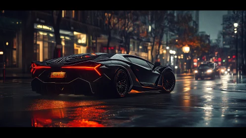 Midnight supercar gliding through rain-soaked city streets.