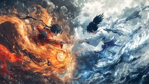 Duel of elemental warriors in swirling fire and water.