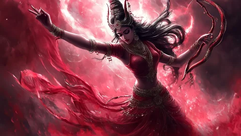 Storm-dancing warrior goddess crowned in crimson fire.