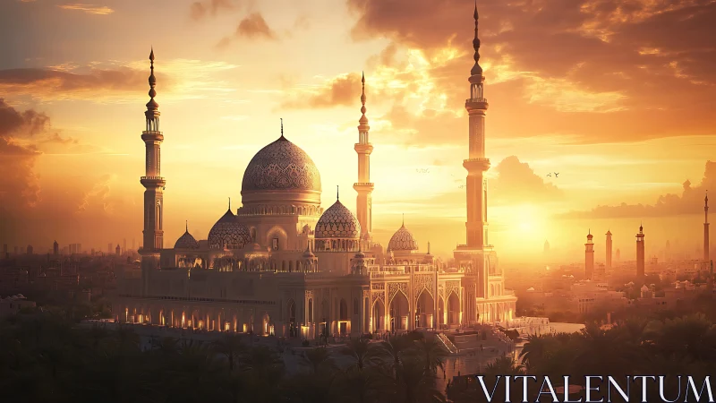 Photorealistic golden-hour mosque with luminous minarets.