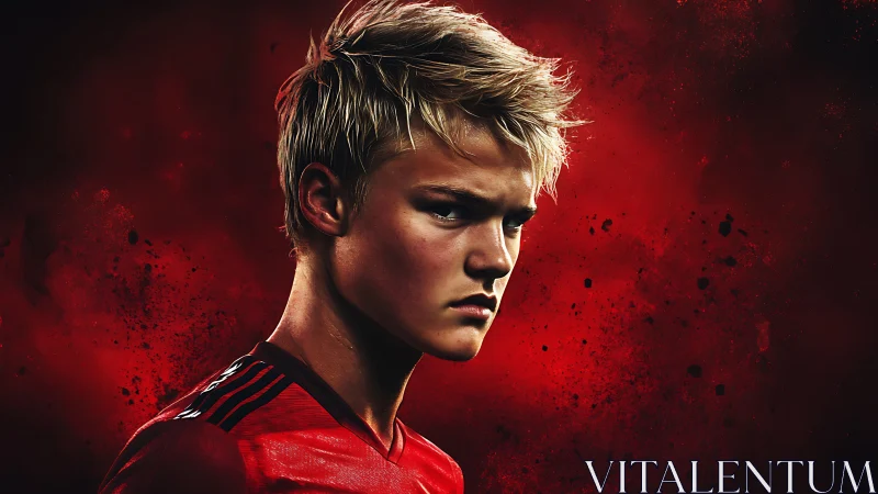 Intense young footballer in dramatic red splatter portrait.