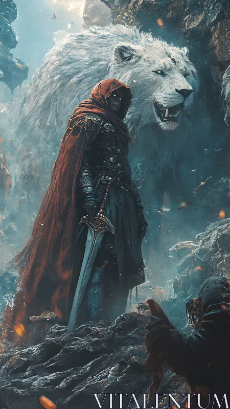 Cloaked warrior and spectral white lion guarding icy pass.