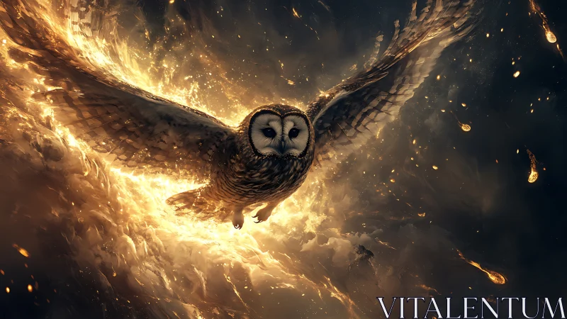Majestic Owl Soaring Through Fiery Night Sky in Fantasy Art.