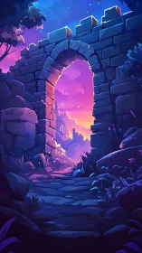 Stone archway framing dusk-lit valley and distant ruins.