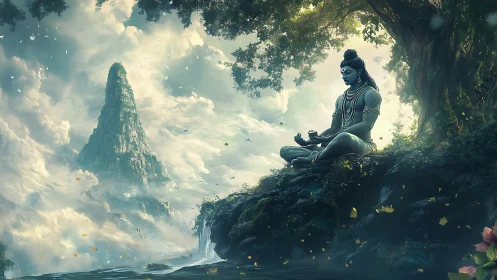 Meditating blue deity figure on cliff in misty mountain valley.