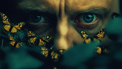 Intense blue eyes confront clustered monarch butterflies in shadow.