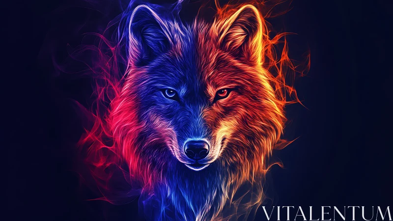 Twin-flame cyberwolf gazes through neon dusk and ember glow