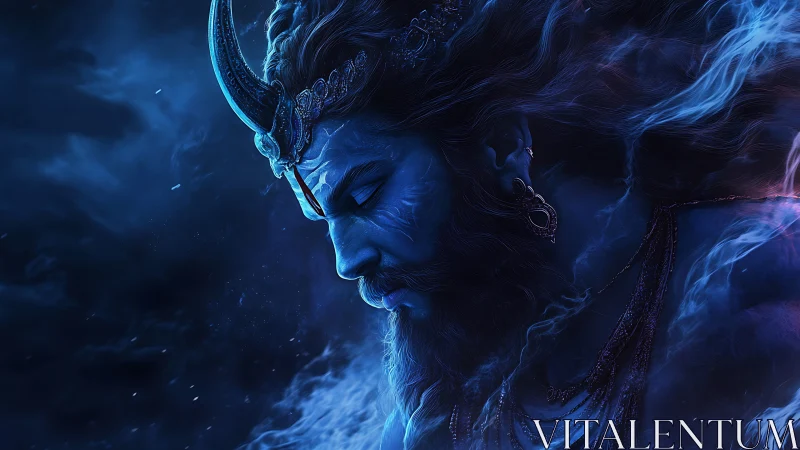 Blue-toned profile of horned male figure in smoke.