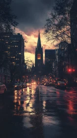 Rainy city street with church spire and reflective roadway.