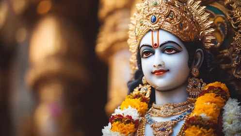 Hindu deity statue wears ornate crown and flower garlands