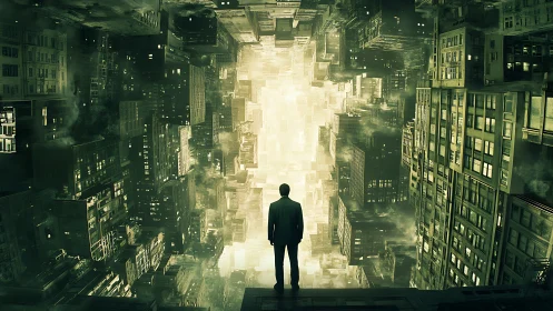 Lone figure confronts glowing void between impossible city walls