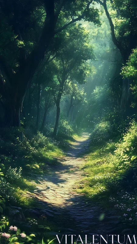 Luminous Forest Pathway: Ancient Trees Frame Ethereal Light