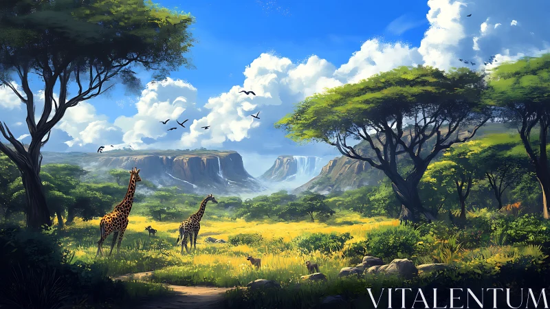 Sunlit giraffes grazing beneath thundercloud crowns of savanna.