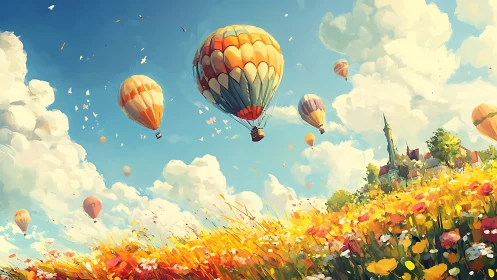 Hot air balloons drift above wide flower field at midday