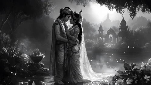 Divine couple stands by riverside temple in moonlit garden