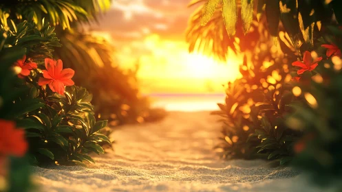 Sunlit tropical path opening toward a golden beach sunset.