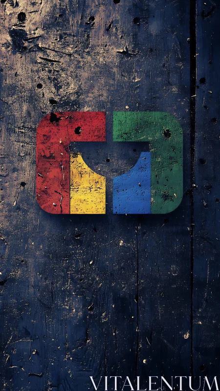 Weathered colorful logo rests boldly on rustic dark wood