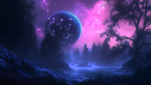 Celestial sphere illuminates misty alien forest river basin