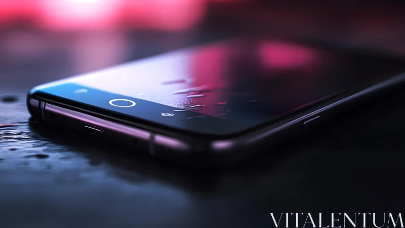 Close-up of smartphone with water drops, moody neon lighting.