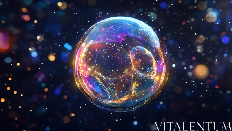 Luminous soap bubble with cosmic bokeh glow in darkness.