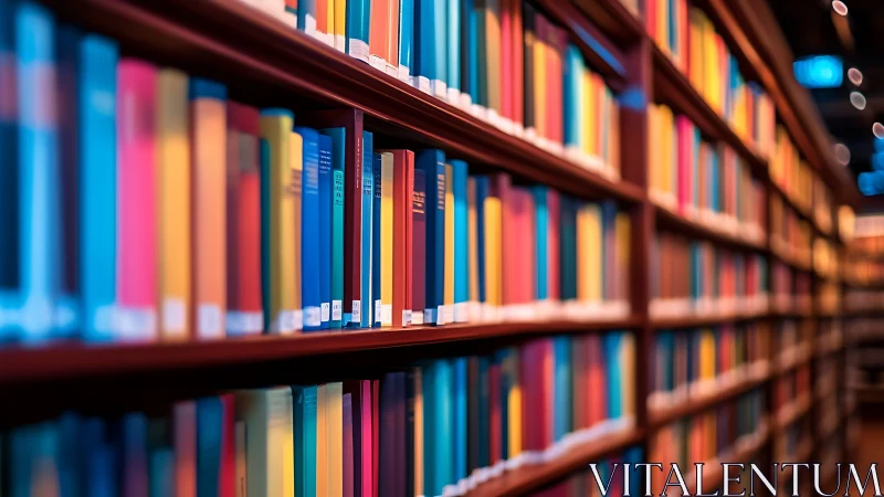 Library shelves show colorful hardcovers with shallow depth of field