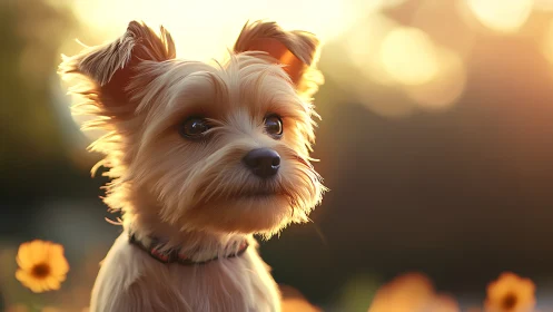 Yorkshire terrier glows in golden hour backlight outdoors.