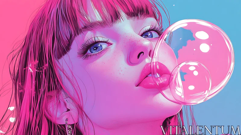 Neon daydream girl blowing glossy pink bubblegum spheres.