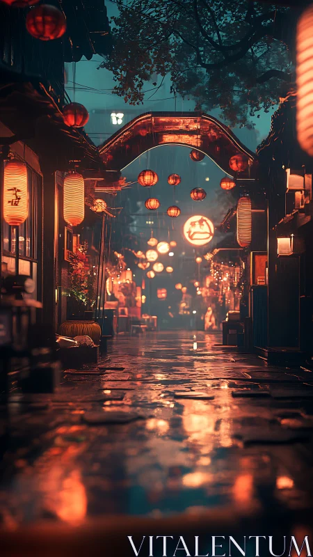 Rainy neon lantern alley glows with warm cinematic light